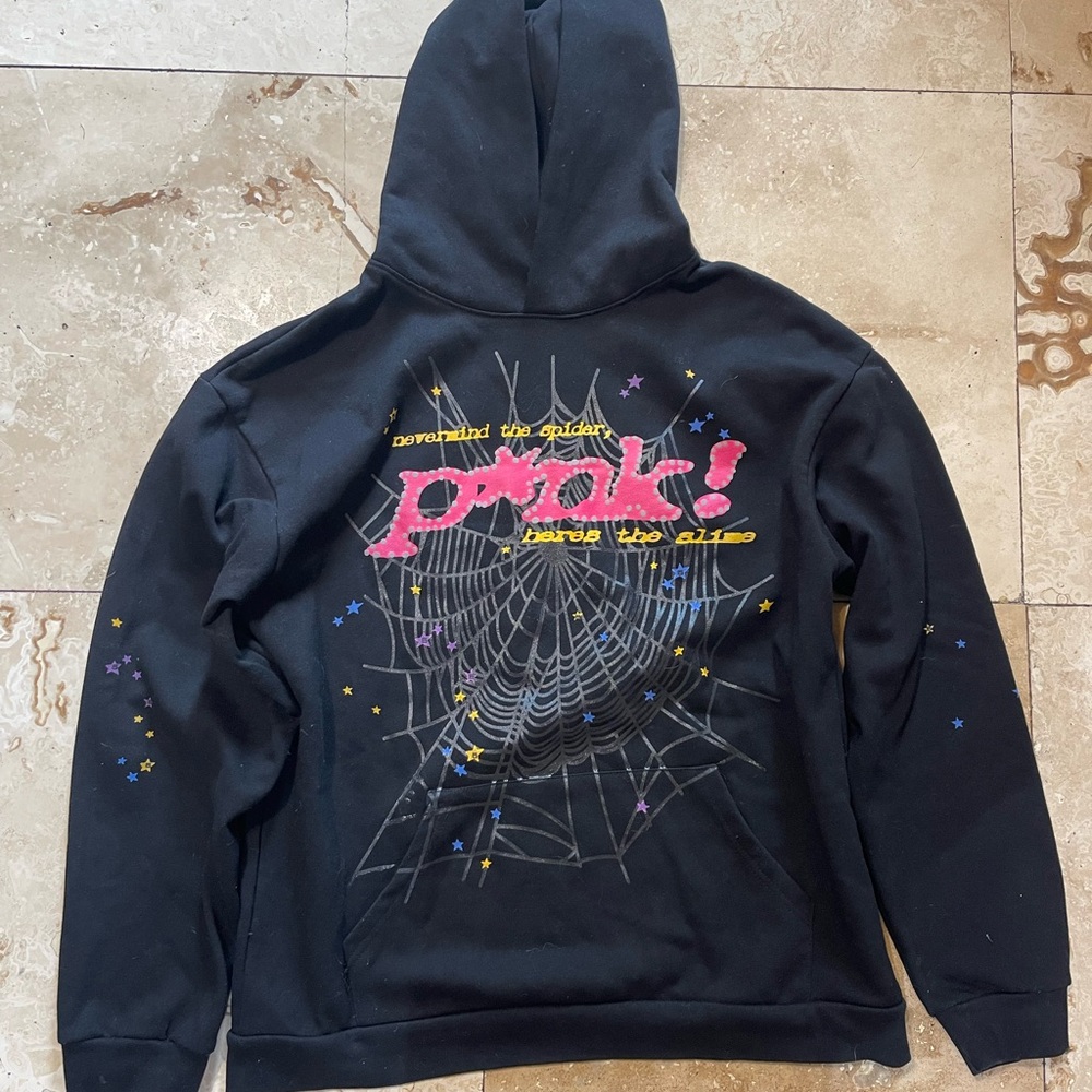 Black Hoodie with Pink Graphic and Spider Web Design